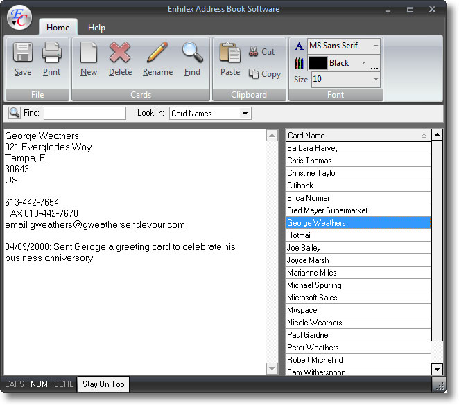 Screenshot of Enhilex Address Book Software